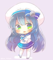 Rule 34 | 1girl, :d, beret, blue bow, blue hair, blue neckerchief, blue sailor collar, blue skirt, blush, bow, chibi, commentary request, full body, gloves, green eyes, grey footwear, hat, hat bow, juliet sleeves, kantai collection, kou hiyoyo, long hair, long sleeves, looking at viewer, matsuwa (kancolle), neckerchief, open mouth, own hands together, pleated skirt, puffy sleeves, purple background, sailor collar, school uniform, serafuku, shirt, skirt, sleeves past wrists, smile, solo, standing, thighhighs, twitter username, very long hair, white gloves, white hat, white shirt, white thighhighs
