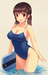 Rule 34 | 1girl, breasts, brown hair, cleavage, competition school swimsuit, cowboy shot, kickboard, large breasts, long hair, looking at viewer, low twintails, one-piece swimsuit, original, poripori, red eyes, school swimsuit, smile, solo, standing, swimsuit, twintails, wading, water
