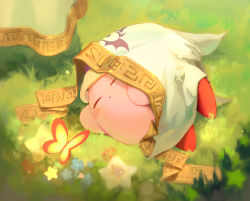 Rule 34 | :o, animal, blue flower, blurry, blurry foreground, blush stickers, bug, butterfly, depth of field, closed eyes, flower, grass, highres, bug, kirby, kirby&#039;s dream land, kirby (series), kouyafu, lying, nintendo, on grass, on side, parted lips, red flower, signature, sleeping, solo, veil, white flower