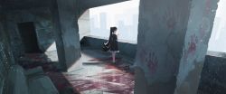 Rule 34 | 1girl, black dress, black footwear, black hair, blood, blood stain, blunt bangs, building, couch, dress, handprint, highres, indoors, light particles, light rays, long hair, original, own hands together, solo, stained glass, standing, sunbeam, sunlight, user mwhw4283