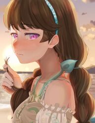 Rule 34 | 1girl, absurdres, blue hairband, blush, breasts, brown hair, closed mouth, cloud, collarbone, commentary, frilled shirt, frills, fujishima megumi, hairband, hashtag-only commentary, highres, holding, holding own hair, link! like! love live!, long hair, love live!, low twintails, medium breasts, multi-tied hair, natsumeki pain, nose blush, off-shoulder shirt, off shoulder, pizza salad (dogimo ), purple eyes, shirt, sky, solo, sunset, twintails, upper body, virtual youtuber, white shirt, yellow sky