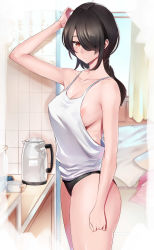 Rule 34 | 1girl, absurdres, areola slip, arm up, black hair, black panties, blush, breasts, camisole, cleavage, closed mouth, counter, cup, doorway, from side, hair over one eye, hand in own hair, highres, kettle, kitchen, looking at viewer, low ponytail, medium breasts, no pants, original, panties, red eyes, rororo, sideboob, solo, underwear, white camisole