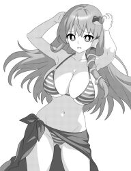 Rule 34 | 1girl, ass, bad anatomy, bad arm, bikini, breasts, cleavage, collarbone, cowboy shot, frog hair ornament, greyscale, groin, hair between eyes, hair ornament, hair tubes, kochiya sanae, large breasts, long hair, monochrome, navel, onkn sxkn, open mouth, sarong, simple background, snake hair ornament, solo, striped bikini, striped clothes, swimsuit, touhou, white background