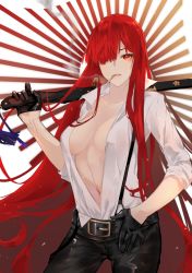 Rule 34 | 1girl, alternate costume, breasts, cape, cigarette, collared shirt, cowboy shot, fate/grand order, fate (series), hair over one eye, large breasts, leather, leather belt, leather pants, long hair, navel, neko (ganecooo), oda nobunaga (fate), oda nobunaga (maou avenger) (fate), open clothes, open shirt, pants, red cape, red eyes, red hair, sheath, sheathed, shirt, solo, suspenders, sword, weapon, white shirt