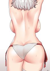 Rule 34 | 1girl, absurdres, arms up, ass, back, backboob, bikini, bikini bottom only, breasts, butt crack, cowboy shot, facing away, from behind, girls&#039; frontline, highres, j.moon, large breasts, official alternate costume, red ribbon, ribbon, short hair, shoulder blades, side-tie bikini bottom, signature, silver hair, simple background, skindentation, solo, spas-12 (girls&#039; frontline), sweat, swimsuit, thigh strap, topless, white background, white bikini