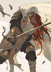 Rule 34 | 1boy, 1girl, armor, bandages, bandaged leg, bandages, black pants, black sclera, blonde hair, blood, boots, breasts, broken, broken chain, bruise, chain, chain, cloak, colored sclera, cuffs, gauntlets, grabbing, grabbing from behind, holding, holding sword, holding weapon, injury, large breasts, legs apart, long hair, manly, pants, parted lips, pixiv fantasia, pixiv fantasia fallen kings, red eyes, red hair, rei (sanbonzakura), scar, shackles, sharp teeth, skull, sword, tabard, teeth, weapon