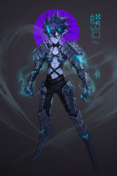 Rule 34 | 1boy, armor, belt, black hair, blue skin, character request, clenched hands, collar, colored skin, dungeon and fighter, gauntlets, glowing, glowing eyes, glowing horns, hair between eyes, highres, horns, lanyuandashen, male focus, male mage (dungeon and fighter), medium hair, pauldrons, pointy ears, scar, scratches, shoulder armor, signature, strap, swift master (dungeon and fighter), yellow eyes