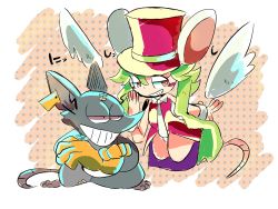 Rule 34 | 1boy, 1girl, animal ears, blush stickers, breasts, ear tag, gloves, green hair, hat, highres, leotard, mad rat, mad rat dead, mouse (animal), mouse ears, mouse girl, mouse tail, nippon ichi, rat god, red eyes, tail, tie clip, top hat, wings, wrist cuffs
