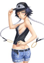 Rule 34 | 1girl, ass, baseball cap, belt, black belt, black hair, black hat, bleach, blue shorts, blunt bangs, blush, breasts, butt crack, casual, closed mouth, covered erect nipples, cowboy shot, denim, denim shorts, from behind, grey eyes, hat, highres, looking at viewer, looking back, nail polish, no bra, one eye closed, red nails, sakuya (liao kj), short hair with long locks, short shorts, shorts, sideboob, simple background, sleeveless, small breasts, solo, standing, sui-feng, twintails, white background