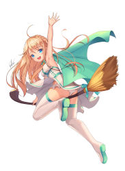 Rule 34 | 1girl, ahoge, armpits, ass, bad id, bad pixiv id, blonde hair, blue eyes, blush, braid, breasts, broom, broom riding, clothes lift, dduck kong, dress, dress lift, full body, highres, long hair, looking at viewer, looking back, medium breasts, open mouth, original, panties, sideboob, smile, solo, teeth, thighhighs, underwear, white panties, white thighhighs