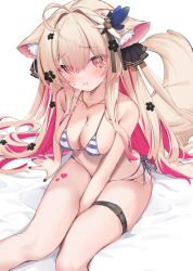 Rule 34 | 1girl, ahoge, animal ear fluff, animal ears, between legs, bikini, black flower, black nails, blonde hair, blush, breasts, cleavage, collarbone, colored inner hair, commission, eip (pepai), facial mark, flower, frown, gold necklace, hair flower, hair ornament, hand between legs, highres, jewelry, long hair, looking at viewer, mole, mole on breast, multicolored hair, necklace, original, parted lips, pink hair, red eyes, side-tie bikini bottom, sitting, skeb commission, solo, striped clothes, striped thighhighs, swimsuit, tail, thigh strap, thighhighs