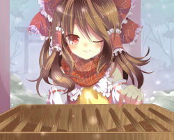 Rule 34 | 1girl, absurdres, ascot, bad id, bad pixiv id, bare shoulders, blush, bow, box, brown hair, detached sleeves, donation box, eyelashes, female focus, forest, hair bow, hair tubes, hakurei reimu, highres, light smile, lips, long hair, nature, one eye closed, pointing, red eyes, risui (suzu rks), sachi (artist), scarf, snow, solo, torii, touhou, wink