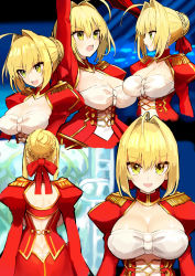 Rule 34 | 1girl, absurdres, aestus estus, ahoge, arm up, ass, back, blonde hair, blush, braid, breasts, butt crack, dh ead, dress, epaulettes, fate/extra, fate (series), french braid, green eyes, hair between eyes, hair bun, hair intakes, highres, large breasts, long hair, long sleeves, looking at viewer, looking to the side, multiple views, nero claudius (fate), nero claudius (fate) (all), nero claudius (fate/extra), open mouth, red dress, single hair bun, smile, sword, weapon