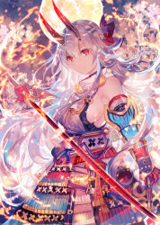 Rule 34 | 1girl, arm guards, armor, bare shoulders, bow, breasts, bright pupils, cherry blossoms, closed mouth, commentary request, cowboy shot, dual wielding, fate/grand order, fate (series), fire, flaming sword, flaming weapon, floating hair, full moon, gloves, grey hair, hair between eyes, hair bow, headband, highres, holding, holding sword, holding weapon, horns, japanese armor, japanese clothes, kimono, long hair, looking away, looking down, medium breasts, moon, night, oni horns, petals, purple bow, red eyes, red gloves, ribbon, rioka (southern blue sky), sheath, sheathed, sideboob, sleeveless, sleeveless kimono, slit pupils, solo, sword, tomoe gozen (fate), very long hair, weapon, white kimono, yellow ribbon