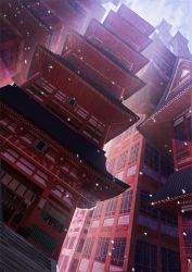 Rule 34 | architecture, city, cloud, day, east asian architecture, no humans, original, outdoors, pagoda, petals, scenery, stairs, zennmai siki