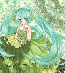 Rule 34 | 1girl, aqua eyes, aqua hair, bare shoulders, blush, dress, flower, gown, green dress, green theme, hair flower, hair ornament, hand on another&#039;s chest, hand on own chest, hatsune miku, highres, leaf, long hair, noriha, rose, solo, strapless, strapless dress, twintails, very long hair, vocaloid