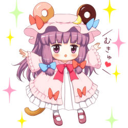 Rule 34 | 1girl, :3, animal ears, bebeneko, chibi, doughnut, food, hat, long hair, looking at viewer, mary janes, mob cap, mouse ears, mouse tail, mukyuu, open mouth, patchouli knowledge, purple hair, shoes, solo, sparkle, tail, touhou, translation request