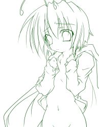Rule 34 | 1girl, antennae, bottomless, cape, female focus, flat chest, green theme, haruyonoto, highres, lineart, monochrome, navel, no panties, open clothes, open shirt, shirt, simple background, solo, touhou, white background, wriggle nightbug