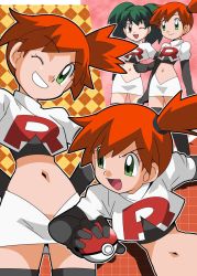 Rule 34 | 2girls, breasts, brown eyes, closed mouth, cosplay, creatures (company), duplica (pokemon), elbow gloves, game freak, gloves, green eyes, green hair, grin, gym leader, hainchu, hands on own hips, holding, holding poke ball, jessie (pokemon), jessie (pokemon) (cosplay), long hair, looking at another, looking at viewer, medium hair, midriff, misty (pokemon), multiple girls, navel, nintendo, one eye closed, open mouth, orange hair, parted lips, poke ball, pokemon, pokemon (anime), pokemon (classic anime), short hair, side ponytail, skirt, smile, standing, team rocket, team rocket (cosplay), team rocket uniform, thighhighs, twintails, wink