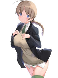 Rule 34 | 1girl, absurdres, blue eyes, bow, braid, breasts, brown hair, highres, large breasts, long hair, looking at viewer, lynette bishop, mejina, multicolored clothes, multicolored legwear, no pants, panties, simple background, single braid, solo, standing, strike witches, striped clothes, striped thighhighs, sweater vest, thighhighs, underwear, white background, white panties, world witches series