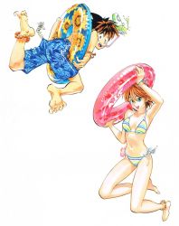 Rule 34 | 1boy, 1girl, :d, anezaki mamori, anklet, armpits, bare arms, bare legs, bare shoulders, barefoot, bead anklet, bikini, blue eyes, blue male swimwear, blue swim trunks, bracelet, breasts, brown hair, crab, cup, drinking straw, eyeshield 21, floral print, halterneck, hands up, hibiscus print, highres, holding, holding swim ring, innertube, jewelry, jumping, kobayakawa sena, leaf print, looking at viewer, male swimwear, medium breasts, murata yuusuke, navel, official art, open mouth, print innertube, print male swimwear, print swim trunks, print swimsuit, scan, side-tie bikini bottom, simple background, smile, spiked hair, striped bikini, striped clothes, sunflower print, swim ring, swim trunks, swimsuit, traditional media, white background, wristband