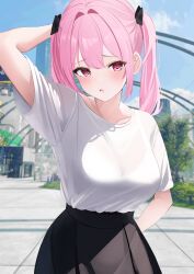 Rule 34 | 1girl, arms behind back, arms behind head, black bow, black skirt, blue sky, blush, bow, bra, bra visible through clothes, breasts, collarbone, commentary request, day, hair bow, hair intakes, hair ornament, highres, large breasts, long hair, open mouth, original, outdoors, pink eyes, pink hair, shirt, shirt tucked in, short sleeves, skirt, sky, skyline, solo, t-shirt, touyou (39kir), tree, twintails, underwear, white bra, white shirt
