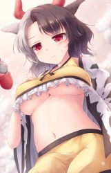 Rule 34 | 1girl, 3:, animal ears, animal print, black hair, blush, breasts, cloud, commentary request, cow ears, cow horns, cow print, cowboy shot, crop top, frills, hand on own chest, haori, highres, horns, japanese clothes, large breasts, long sleeves, looking at viewer, lzh, midriff, multicolored hair, navel, red eyes, short hair, shorts, silver hair, solo, split-color hair, stomach, sweat, touhou, two-tone hair, underboob, ushizaki urumi, wide sleeves, yellow shorts