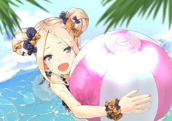 Rule 34 | 1girl, :d, abigail williams (emerald float) (fate), abigail williams (fate), ball, beachball, bikini, black bow, blue eyes, bow, double bun, emerald float, fate/grand order, fate (series), frilled tankini, hair bun, holding, holding ball, iwasaki takashi, official alternate costume, open mouth, orange bow, parted bangs, sketch, smile, solo, swimsuit, tankini, wading, water