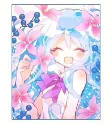 Rule 34 | 1girl, ^ ^, blue hair, blush, character request, closed eyes, flower, hair ornament, hand up, hibi89, long hair, merc storia, neck ribbon, open mouth, purple ribbon, ribbon, shirt, sleeveless, sleeveless shirt, smile, solo, upper body, white shirt