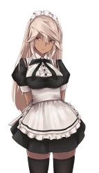 Rule 34 | 1girl, absurdres, alternate costume, apron, arms behind back, black thighhighs, breasts, buttons, dark-skinned female, dark skin, execneet, frills, guilty gear, highres, long hair, looking at viewer, maid, medium breasts, orange eyes, ramlethal valentine, simple background, solo, thighhighs, waist apron, white background, white hair