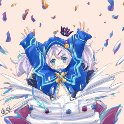 Rule 34 | 1girl, artist request, bad id, bad pixiv id, blue eyes, cake, chiliarch (elsword), crown, demon tail, elsword, fang, fang out, food, hair ornament, hairpin, highres, hood, hooded jacket, hoodie, horns, jacket, long hair, luciela r. sourcream, pointy ears, simple background, solo, sparkling eyes, tail, twintails, white hair