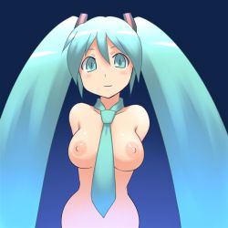 Rule 34 | 1girl, aaaa (quad-a), arms behind back, bad id, bad pixiv id, blush, breasts, green eyes, green hair, hatsune miku, large breasts, long hair, looking at viewer, matching hair/eyes, naked necktie, necktie, nipples, nude, smile, solo, twintails, very long hair, vocaloid