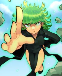 1girl black_dress black_shoes blue_sky breasts closed_mouth cloud curly_hair day dress floating_rock green_eyes green_hair highres johnathanpizza looking_at_viewer one-punch_man shoes sky solo tatsumaki telekinesis