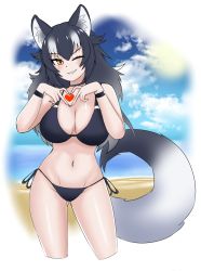 Rule 34 | 1girl, absurdres, animal ears, armlet, bikini, black bikini, black hair, blush, breasts, choker, cleavage, commentary, english commentary, extra ears, gluteal fold, grey wolf (kemono friends), heart, heart hands, heterochromia, highres, kemono friends, large breasts, long hair, looking at viewer, multicolored hair, nanoder, navel, one eye closed, side-tie bikini bottom, smile, solo, swimsuit, tail, two-tone hair, white hair, wolf ears, wolf tail, yellow eyes