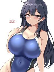 Rule 34 | 1girl, ahoge, black hair, black one-piece swimsuit, blue one-piece swimsuit, blush, breasts, brown eyes, commentary request, competition swimsuit, covered navel, cowboy shot, dated, highres, kantai collection, large breasts, long hair, looking at viewer, montemasa, multicolored clothes, multicolored swimsuit, one-hour drawing challenge, one-piece swimsuit, partial commentary, simple background, smile, solo, swimsuit, twitter username, two-tone swimsuit, ushio (kancolle), white background