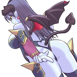 Rule 34 | 1girl, ass, astaroth (shinrabanshou), black sclera, blue hair, blue skin, breasts, colored sclera, colored skin, demon girl, detached sleeves, dutch angle, earrings, heart, heart earrings, horns, jewelry, large breasts, looking back, shinrabanshou, smile, solo, tail, thighhighs, wings, yellow eyes