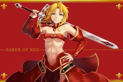 Rule 34 | 1girl, abs, artist name, bare shoulders, blonde hair, braid, breasts, character name, clarent (fate), commentary request, detached sleeves, fate/apocrypha, fate (series), green eyes, hand on own hip, holding, holding sword, holding weapon, long hair, long sleeves, long sword, looking at viewer, medium breasts, mordred (fate), mordred (fate/apocrypha), navel, open mouth, over shoulder, ponytail, red background, red sleeves, seraphim throne, simple background, smile, solo, sword, weapon, weapon over shoulder