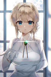 Rule 34 | 1girl, arm behind back, blonde hair, blue eyes, blush, breasts, brooch, commentary request, dress, gem, gloves, green gemstone, hair intakes, hair ornament, highres, jewelry, lens flare, long sleeves, medium breasts, outstretched hand, parted lips, petals, poho, short hair, sidelocks, upper body, violet evergarden, violet evergarden (series), white dress, white gloves, window