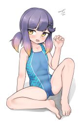 Rule 34 | 1girl, absurdres, blue one-piece swimsuit, competition swimsuit, dated, gradient hair, highres, kantai collection, long hair, looking at viewer, maru (marg0613), multicolored hair, one-piece swimsuit, orange hair, purple hair, sidelocks, simple background, solo, spread legs, swimsuit, tongue, tongue out, tsushima (kancolle), twitter username, two-tone swimsuit, white background, yellow eyes