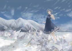 Rule 34 | 1girl, ascot, barefoot, blue dress, blue eyes, blue hair, cirno, dress, ice, ice wings, matching hair/eyes, mi-so, short hair, sky, solo, touhou, wings