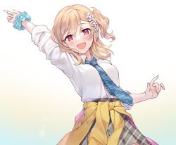 Rule 34 | 1girl, akira ray, blonde hair, blue necktie, breasts, clothes around waist, collared shirt, grey skirt, highres, looking at viewer, masami (souzou jinsei sanka), medium breasts, medium hair, necktie, nijisanji, nijisanji kr, open mouth, plaid, plaid skirt, pointing, pointing up, red eyes, school uniform, shirt, side ponytail, skirt, smile, solo, sweater, sweater around waist, virtual youtuber, white shirt, yellow sweater