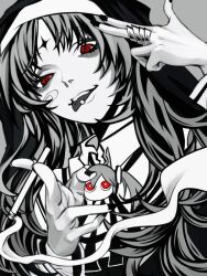 Rule 34 | 1girl, aimaina, alternate costume, ao 6336, bags under eyes, bandaid, bandaid on cheek, bandaid on face, between fingers, character brooch, cigarette, collared shirt, facial mark, finger gun, finger gun to head, forehead mark, greyscale, hatsune miku, holding, holding cigarette, jewelry, kamippoina (vocaloid), looking at viewer, monochrome, nail polish, neck ribbon, nun, open mouth, piercing, pointing, pointing at viewer, red eyes, ribbon, ring, ringed eyes, shirt, simple background, smile, smoke trail, solo, tongue, tongue out, tongue piercing, uneven eyes, upper body, veil, vocaloid