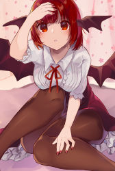 Rule 34 | 1girl, alternate costume, arm up, bat wings, black pantyhose, black skirt, blush, breasts, expressionless, feet out of frame, female focus, floral print, hand on own head, hand up, haya taro pochi, head wings, indoors, knees together feet apart, koakuma, looking at viewer, medium breasts, nail polish, pantyhose, parted lips, petticoat, puffy short sleeves, puffy sleeves, red eyes, red hair, red nails, red ribbon, ribbon, shirt, short hair, short sleeves, sitting, skirt, solo, touhou, white shirt, wing collar, wings