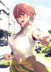 Rule 34 | 1girl, absurdres, blue eyes, blurry, blurry background, blush, breasts, cleavage, clenched hands, clothes around waist, fangs, go-toubun no hanayome, green skirt, highres, large breasts, lens flare, light particles, looking at viewer, nakano ichika, nununu (nununu386), open mouth, outdoors, pink hair, reaching, reaching towards viewer, shirt, short hair, short sleeves, skirt, sky, solo, sweater, sweater around waist, white shirt