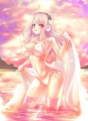 Rule 34 | 1girl, bikini, breasts, cleavage, female focus, front-tie top, headphones, highres, large breasts, long hair, looking at viewer, navel, nitroplus, open mouth, partially submerged, pink hair, reason (ficafe), red eyes, skindentation, solo, strap gap, super sonico, swimsuit, thighhighs