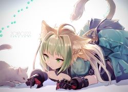 Rule 34 | 1girl, all fours, animal ears, atalanta (fate), blonde hair, breasts, cat, cat ears, cat tail, cleavage, fate/apocrypha, fate/grand order, fate (series), green eyes, green hair, miyuki ruria, multicolored hair, paw print, small breasts, solo, tail, white background