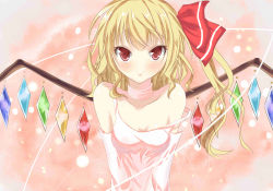 Rule 34 | 1girl, absurdres, bad id, bad pixiv id, bare shoulders, blonde hair, collarbone, female focus, flandre scarlet, highres, no headwear, no headwear, no nose, red eyes, side ponytail, solo, strap slip, embodiment of scarlet devil, touhou, upper body, wenhe, wings
