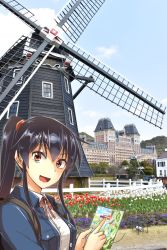 Rule 34 | 1girl, :d, abo (hechouchou), absurdres, black hair, blue jacket, collared shirt, flower, hair ribbon, highres, holding, holding map, huis ten bosch, jacket, kantai collection, long hair, looking at viewer, map, neck ribbon, open mouth, outdoors, photo background, ponytail, red eyes, red ribbon, ribbon, shirt, smile, solo, tulip, upper body, white shirt, windmill, yahagi (kancolle)