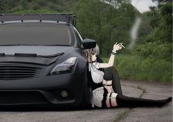 Rule 34 | 1girl, black thighhighs, car, character request, cigarette, copyright request, female focus, forest, from side, full body, grey hair, highres, knee up, leg strap, looking at viewer, maid, mamo murata, motor vehicle, nature, outdoors, red eyes, short hair, sitting, smoking, solo, thighhighs, wrist cuffs
