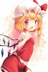 Rule 34 | 1girl, akisha, ascot, bad id, bad pixiv id, blonde hair, bow, flandre scarlet, hat, hat bow, highres, lying, mob cap, open mouth, red eyes, side ponytail, solo, sparkle, touhou, wings